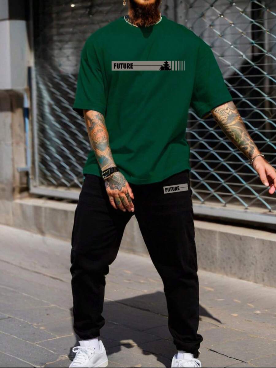 2pcs/Set Men's Creative Tree Of Hope English Graphic Casual Loose Short Sleeve T-Shirt And Drawstring Long Pants Set, Suitable For Street, Outdoor, And Daily Wear - Green - View 1