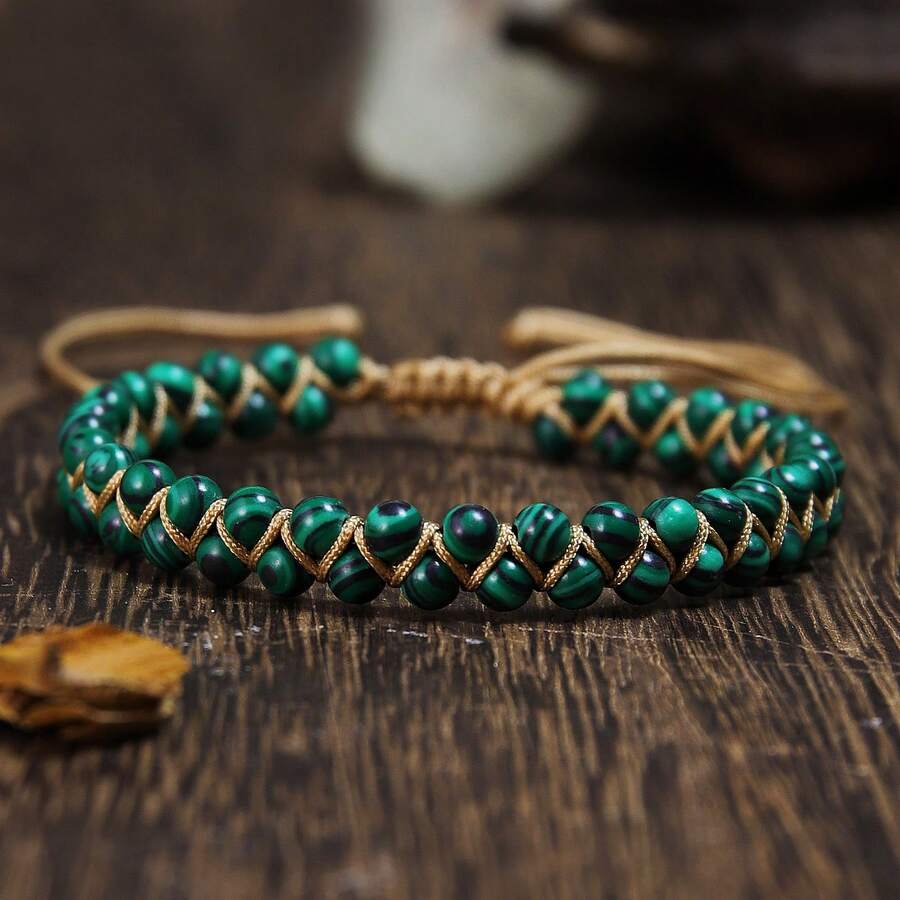 1 Stück Natürliches Malachit Doppelschicht Armband - handgewickelt & geflochten, geschwungene grüne Muster, Boho mehrschichtiges Design, stilvoller Alltagsaccessoire - Malachit - Übersicht 1