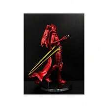 Vibrant Crimson Samurai Statue With Sword-Wielding Dynamic Elegance, Flowing Cloak, And Hand-Painted Details – Embodying Strength And Beauty As Artistic Decoration.
