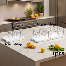 1pc Multi-Color Kitchen Storage Organizer Rack, Expandable Dish Rack, Pot Holder, Drainer Rack, Pot Pan Lid Organizer, Ultimate Kitchen Organizer, Multifunctional Kitchen Counter Shelf, Home Living Storage Rack, Kitchen Utensil Organizer