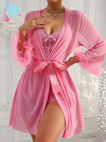 Women's Lingerie Set 2 Piece Lace Babydoll Chemise And  Robe Lace Sexy Pajama Sets Sleepwear Nightgown - Hồng - Xem 4