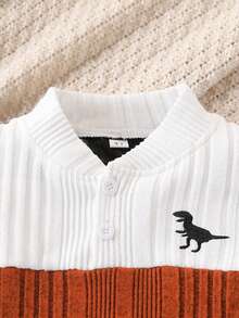 2pcs/Set Young Boy Casual Dinosaur Embroidery Solid Color Ribbed Splice Long Sleeve Half-Zip Sweatshirt And Pants Set, Suitable For Leisure, Sports, Daily Wear, Outdoor, School, Spring & Autumn