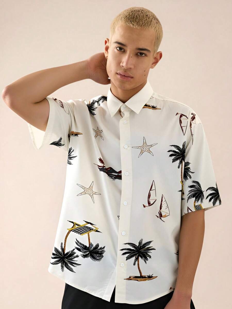 MIVADA Camisa Masculina Estampada de Verão – Conforto e Estilo Tropical - Branco - Visão 1