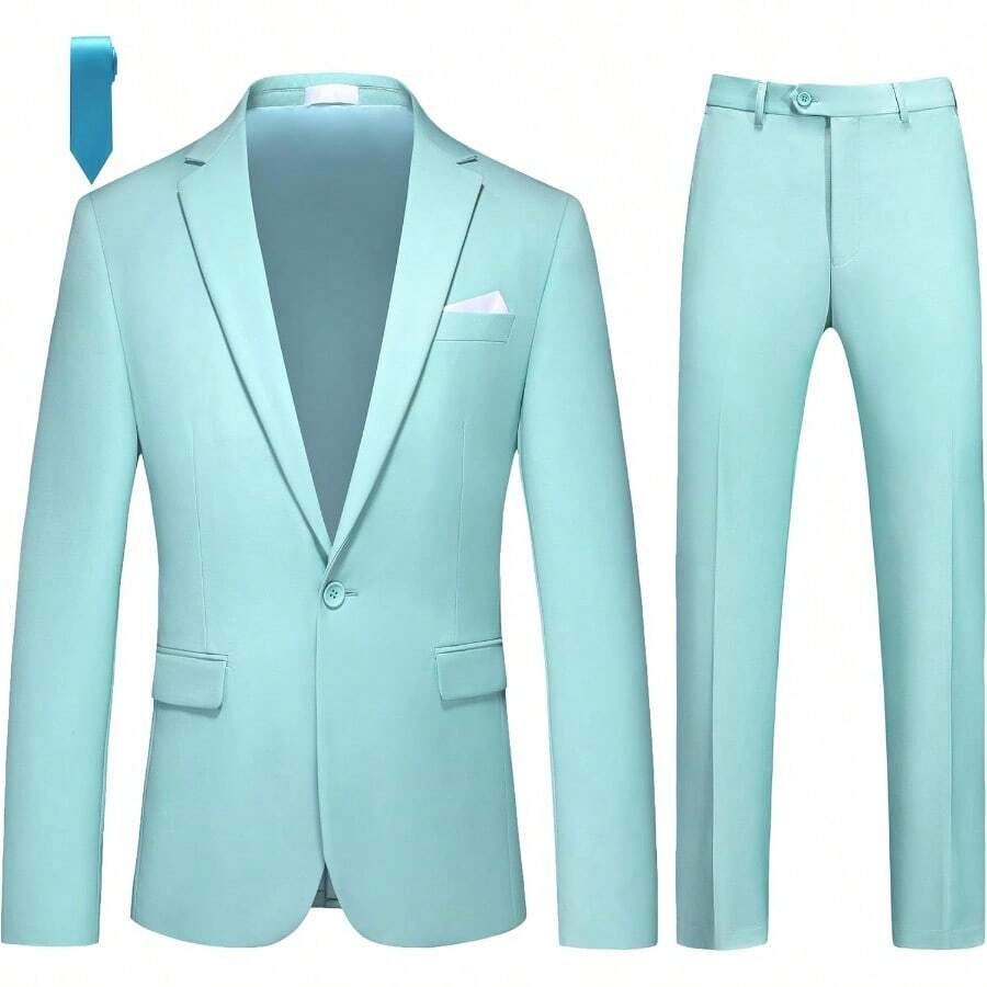 Men's Slim Fit 2-Piece Tuxedo Suit One-Button Jacket & Pants Set For Wedding, Prom, And Formal Events - Aqua - View 1