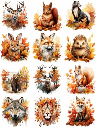 2 Sheets Fall Woodland Jungle Animal 12 Patterns Autumn DIY UV DTF Rub On Transfer Stickers Crafts, Junk Journal, Tumbler Glass Jars, Coffee Mugs Cup Wraps Decor, Bottles Vase, Laptops Phone Cases Greeting Cards Decal Stickers, Illustration, Scrapbooking, Hanging Ornaments Stickers, Party Home Decor