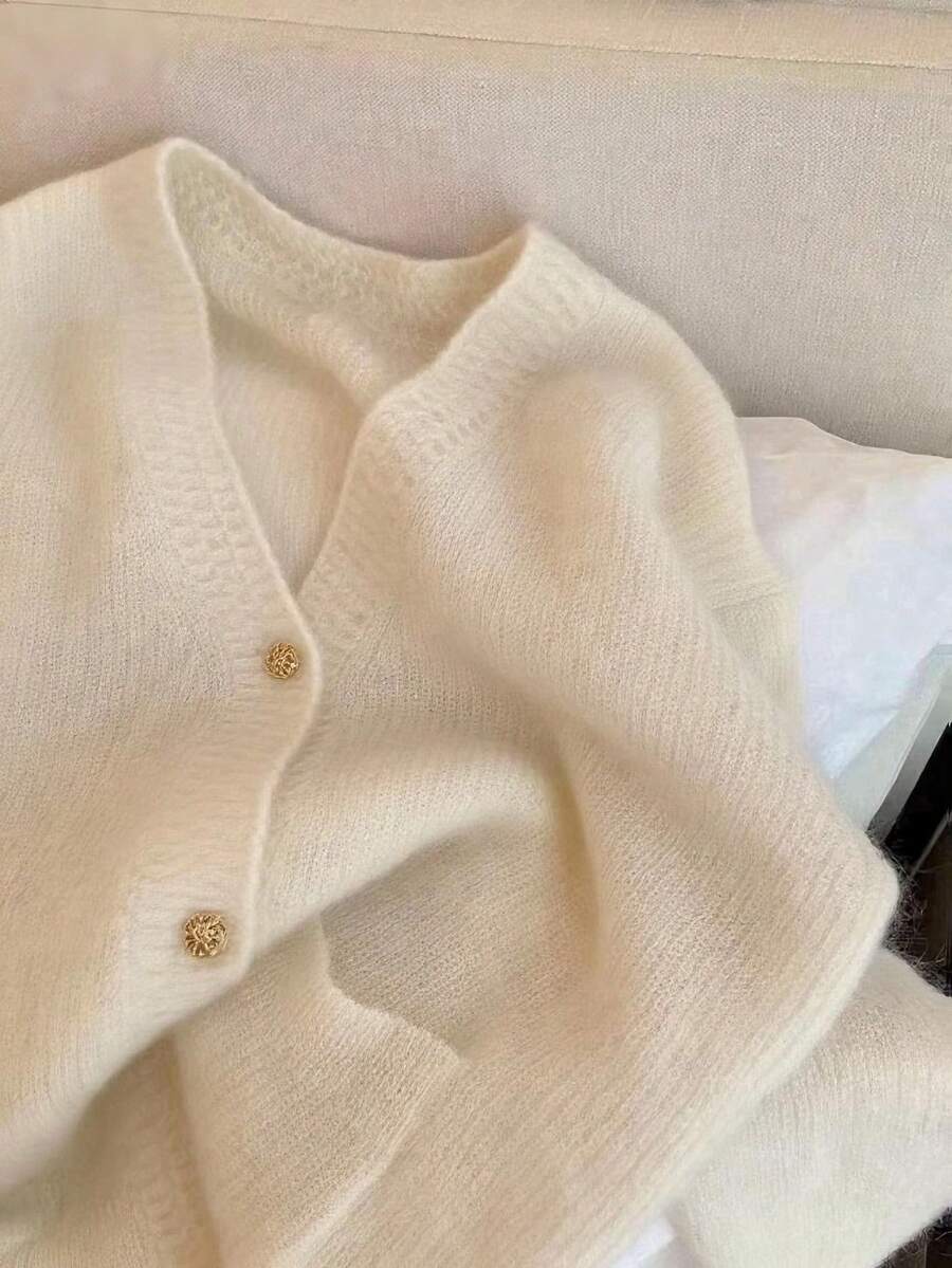 Casual Mohair Solid Color Knit Front Button Hollow Long Sleeve Sweater, Suitable For Everyday And Dates In Spring/Autumn - Apricot - View 1