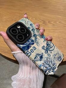 1pc Minimalist Ocean Creature Pattern Vertical Faux Leather Soft Protective Phone Case, Compatible With Apple And 16/16PLUS/16PRO/16PROMAX Waterproof Shockproof Anti-Fall Scratch Resistant - Multicolor - View 5