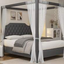 Ataucjin Full Size Canopy Bed Frame With Nailhead Decoration Headboard,Button Tufted,Upholstered Bed Frame With Poles 4 Corner Bed Bracket,Solid Wood Slats Support,No Box Spring Needed,Noise Free - Dark Grey - View 4