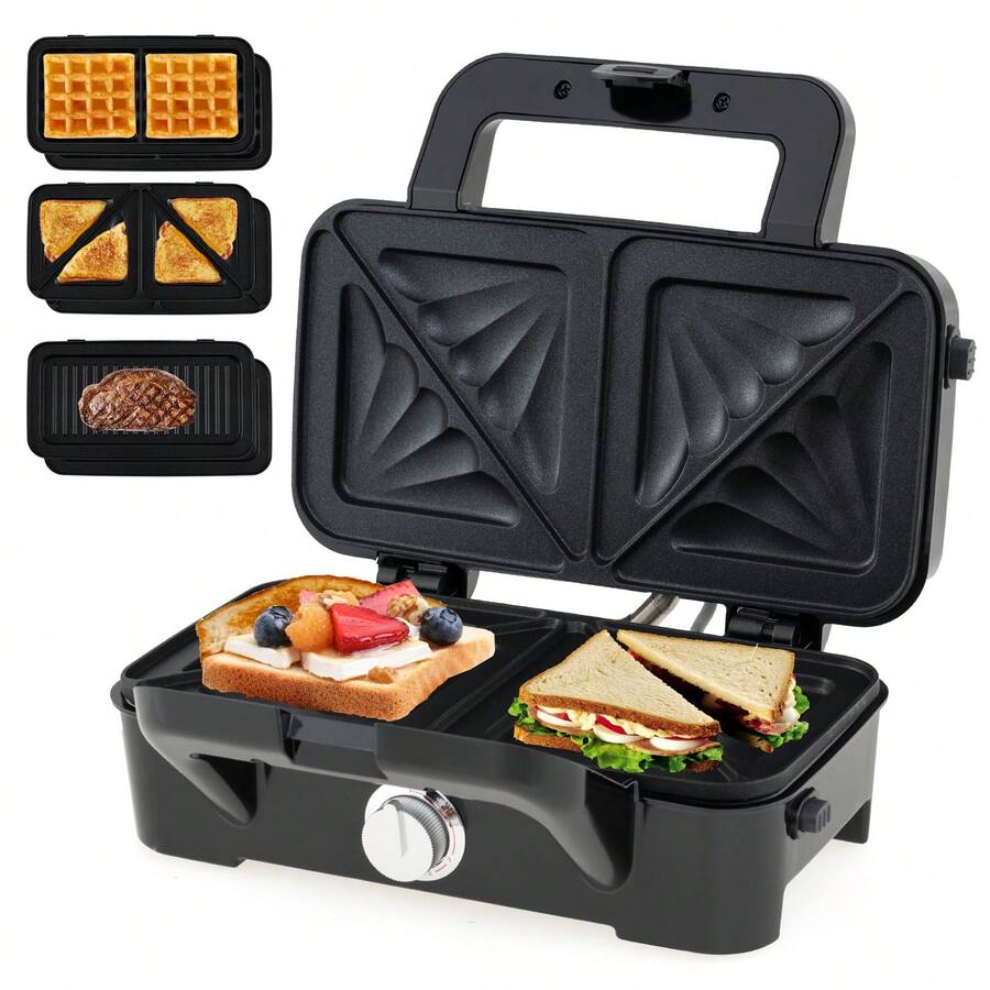 3 In 1 Waffle Iron Panini Press Grill And Sandwich Maker Set With Removable Non-Stick Plates & Portable Cool Touch Handle - US A Type Plug(110-127V) - View 1