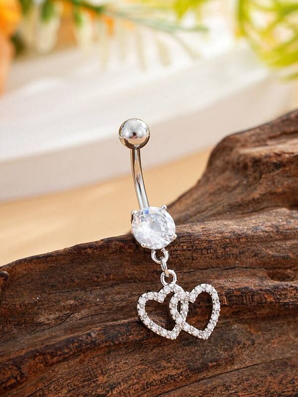 1pc Hollow Heart Shaped Cute Navel Ring Pendant, Women's Stainless Steel Belly Button Piercing Jewelry With Shiny Zirconia Stones