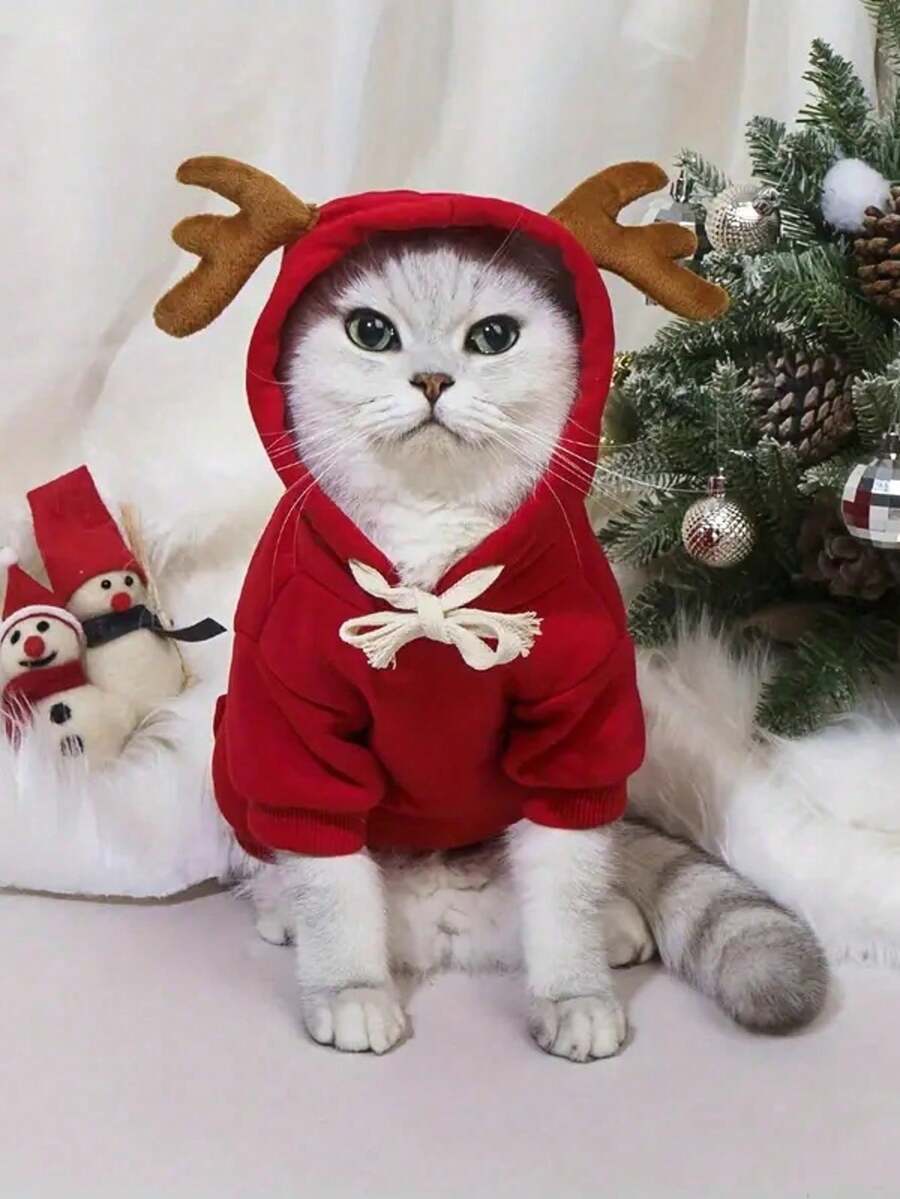 1 件可爱圣诞鹿图案宠物运动衫,狗和猫保暖连帽衫,后背带口袋的狗毛衣,宠物秋冬服装,适合节日派对日常穿着,可作为圣诞礼物 - 彩色 - 查看 1