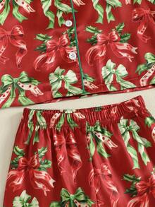 Kid Girls Christmas Pants Set Clothes Long Sleeve Fur Cuffs Bow Print Shirt + Pants Set Toddler, Suitable For Baby Kid Girl - Red - View 7