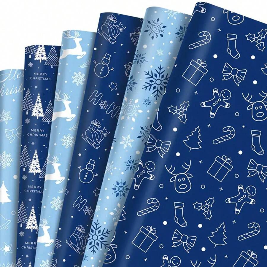12pcs Christmas Gift Wrapping Paper - Navy Blue With White Reindeer & Snowflake Pattern, High-Quality Holiday Wrapping Paper, Suitable For Party Decoration And Gift Box Packaging, Thick Material, Ideal For Crafters Christmas Christmas Decorations Christmas Pajamas Christmas Gifts Christmas Decor