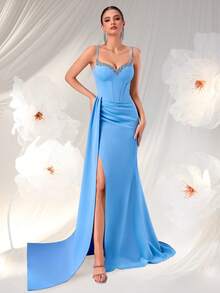 ADYCE Women's Sequin Deep V-Neck High Waist Dress, Party Formal Gown, Black Elegant Evening Dress, Suitable For Wedding Guest, Formal Dinner, Prom, Graduation Ceremony - Baby Blue - View 3