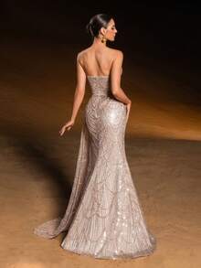 Faeriesty Haute Glamour Luxurious Sparkly Beaded Mermaid Gown With Strapless Silhouette & Dramatic Floor-Length Train For Bridal For Women