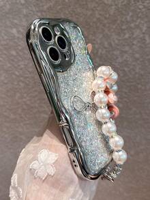 极简珍珠电镀亮片波浪纹手机壳+腕带，兼容 17 Pro Max/17 Pro/17 Air/17/16 Pro Max/16/16 Pro/16 Plus/15/15 Pro Max/15 Pro/15 Plus/11/12/13/14 Pro Max/XS/XR/11 Pro/11 Pro Max/12 Pro/12 Pro Max/13 Pro/13 Pro Max/14 Pro/14 Pro Max/14 Plus，极简创意软壳，春季礼物 - 銀色蝴蝶結+腕帶手繩 - 查看 3