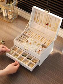 1pc Large Multi-Tier Jewelry Box With Lock, Double Drawer Jewelry Organizer, Multi-Functional Storage Box For Necklace, Rings, Earrings, Watches