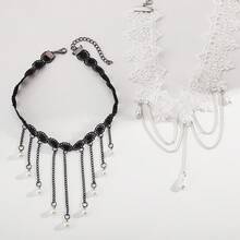 1 PC Dark Retro Imitation Pearl Lace Neck Chain With Stylish Metal Chain And Tassel Necklace - 彩色 - 查看 3