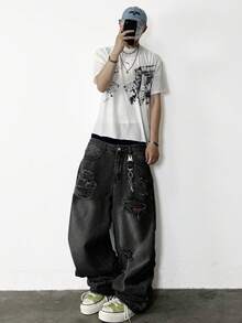 1pc Hearty Haven Distressed American Street Style Loose Fit Wide Leg Washed Denim Jeans For Men (No Belt & Accessories) - Black - View 7