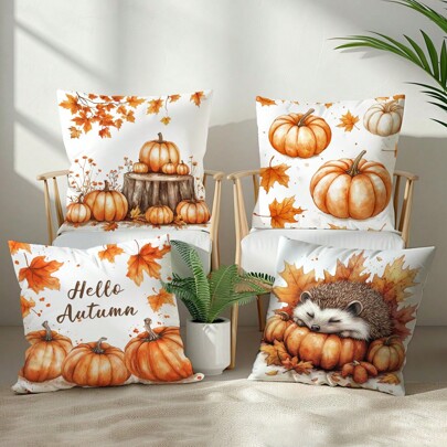 4pcs Minimalist Autumn Maple Leaf, Pumpkin, Hedgehog Decorative Pillow Covers, Single-Sided Soft Peach Velvet Fabric, 45*45/50*50/40*40CM Cushion Covers For Room, Sofa, Living Room, Party Decor, Gift