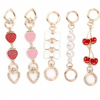 Cadena de extensión de bolso de moda para mujer con colgante de perla de cereza y lazo, cadena de extensión de colgante de fresa, cadena de bolso roja y rosa con decoración de fresa y cereza, cadena de hombro para bolso de chica, cadena de extensión de bolso y decoración exquisita de cadena de metal