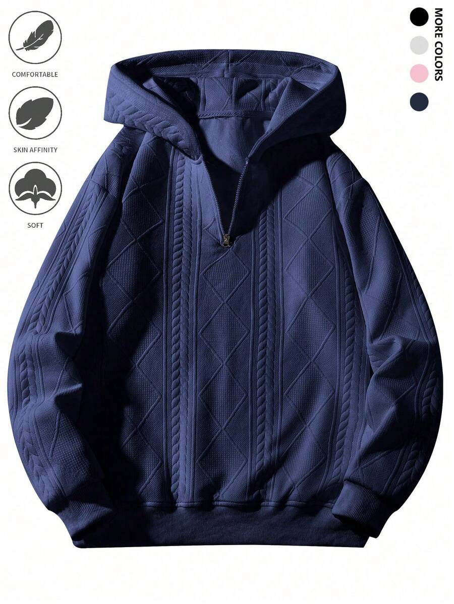 男士休闲纯色连帽衫，秋季 - 藏蓝色 - 查看 1