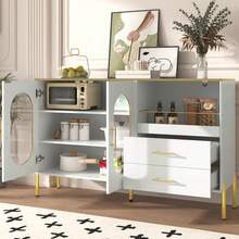 Elegante Sideboard con 2 cajones y 2 puertas de vidrio – Mueble moderno en blanco con detalles dorados – Amplio espacio de almacenamiento – Para salón, comedor, pasillo - Blanco - Ver 2