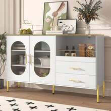 Elegante Sideboard con 2 cajones y 2 puertas de vidrio – Mueble moderno en blanco con detalles dorados – Amplio espacio de almacenamiento – Para salón, comedor, pasillo - Blanco - Ver 9