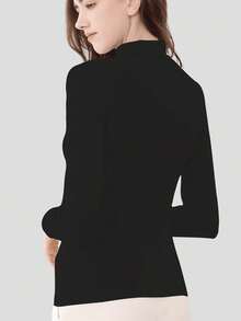 1 件秋冬新款保暖内衬高领长袖上衣，修身休闲运动外套汗衫，百搭女士服装 - 黑色 - 查看 2