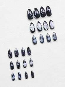 按压式指甲万圣节美甲贴片、中长款指甲贴片、万圣节蜘蛛网火焰、幽灵城堡、月光蝙蝠、神秘氛围假指甲贴片、粉色指甲贴片、万圣节节日礼物指甲贴片、适合女士和女孩的指甲贴片、时尚、闪亮、高端假指甲贴片，让您的外观焕然一新，展现指尖的魅力，按压式指甲用品 - 紫色 - 查看 4