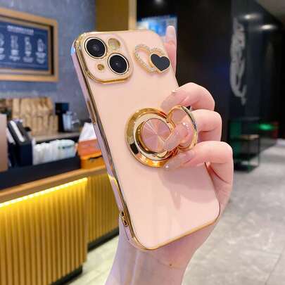 1pc Black Electroplated Anti-Drop Phone Case, 1pc Black 6D Electroplated Rotating Holder, 1pc Black Rhinestone Electroplated Heart Phone Case Compatible With Apple Phones/Matching Phone Cases/Phone Cases With Lanyard/Wrist Strap Phone Cases/Fun Phone Cases