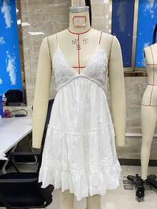 Women Lace Trim Mini Cami Dress Spaghetti Strap Square Neck Short Dress Boho Loose Flowy Backless Babydoll Dresses - 藍色 - 查看 5