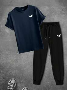 Men's Eagle Graphic Casual Short Sleeve T-Shirt And Pants Set