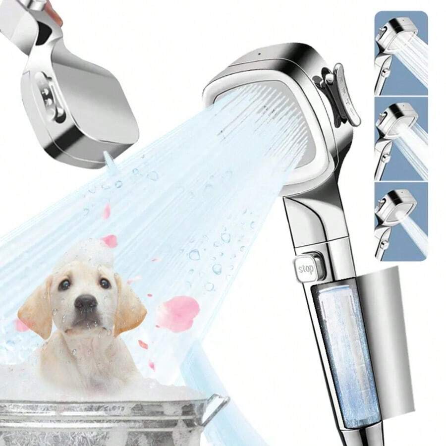 Dog Shower Attachment, Dog Shower , Pet Shower Attachment For Fast And Easy Dog Bathing, Filtered Shower Head With High Pressure, Water Saving, Multi-Modes Handheld Showerheads Water Stop Switch Button - 銀色 - 查看 1