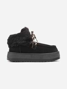 Lace-Up Snow Boots With Thick Sole And Fur - Black - View 3