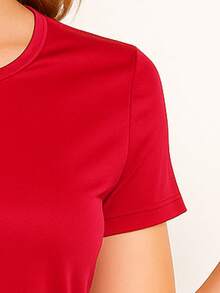 Camiseta básica, crop, manga corta, corte recto, colores sólidos, casual, cómoda, versátil, moda 2025, minimalista, color block. - Rojo - Ver 3