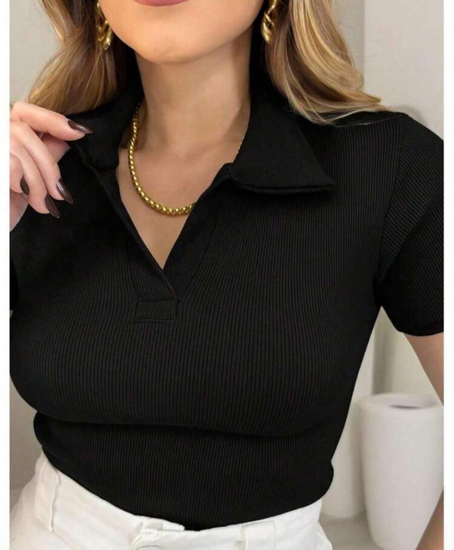 Women's Ribana Polo Shirt Comfortable One Size Fits 36 To 42 - Black - View 1