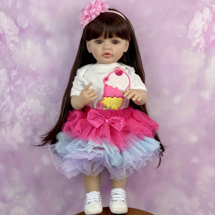 55 CM Full Soft Vinyl Body Reborn Baby Doll Toy For Girl Brown Long Hair Princess Toddler Doll Handmade Birthday Gift For Child - 乙烯基身體娃娃 - 查看 1