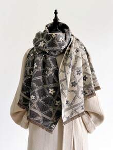 1pc Minimalist Floral Jacquard Knit Scarf, Warm And Fashionable For Women, Suitable For Air-Conditioned Rooms, Autumn/Winter - Multicolor - View 9