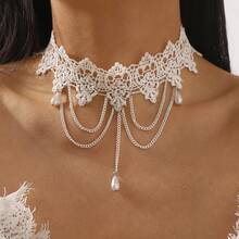 1 PC Dark Retro Imitation Pearl Lace Neck Chain With Stylish Metal Chain And Tassel Necklace - 彩色 - 查看 8