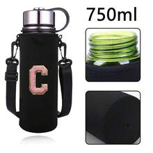 1 件水瓶袋适用于 550ml 750ml 1000ml 1500ml 杯子刺绣字母印花防烫，氯丁橡胶瓶保护架带可调节肩带，适合徒步旅行露营运动水瓶套保温袋斜挎包 - 黑色 - 查看 9