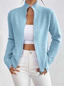 Womens Fall Long Sleeve Sweaters Casual Solid Color Stand Up Collar Knit Sweater For Spring Autumn Daily Office Wear - Blue - View 4