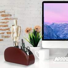 Organizador de Cuero PU de 5 Compartimentos, Soporte para Control Remoto, Teléfono y TV, Caja de Almacenamiento de Escritorio, Brochas de Cosméticos - Negro - Ver 7