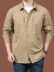 Men's Long Sleeve Shirt - Cotton With Zippered Pockets For Casual And Work Style - 卡其色 - 查看 3