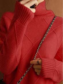 Plus Size Women Solid High Neck Long Sleeve Pullover Sweater, Autumn/Winter - Đỏ - Xem 2