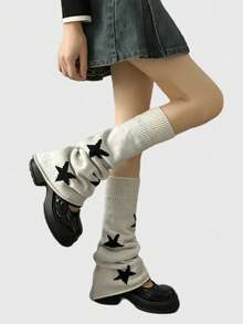 Retro American Style Knitted Leg Warmers, Five-Pointed Star Pattern, Flared Leg, Reversible, Slimming Slouchy Leg Warmers, Fall / Winter