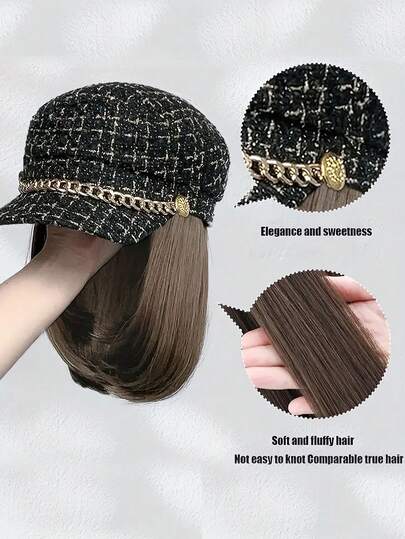 黑色帽子假发 10 英寸短直发假发，带粗花呢格子报童帽，附合成发，秋冬时尚经典贝雷帽假发，适合女士日常使用