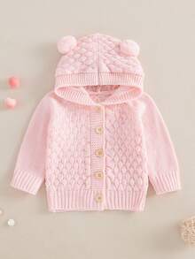 Newborn Baby Solid Color Coat, Boys Girls Long Sleeve Thermal Hooded Knitted Sweater - Pink - View 1