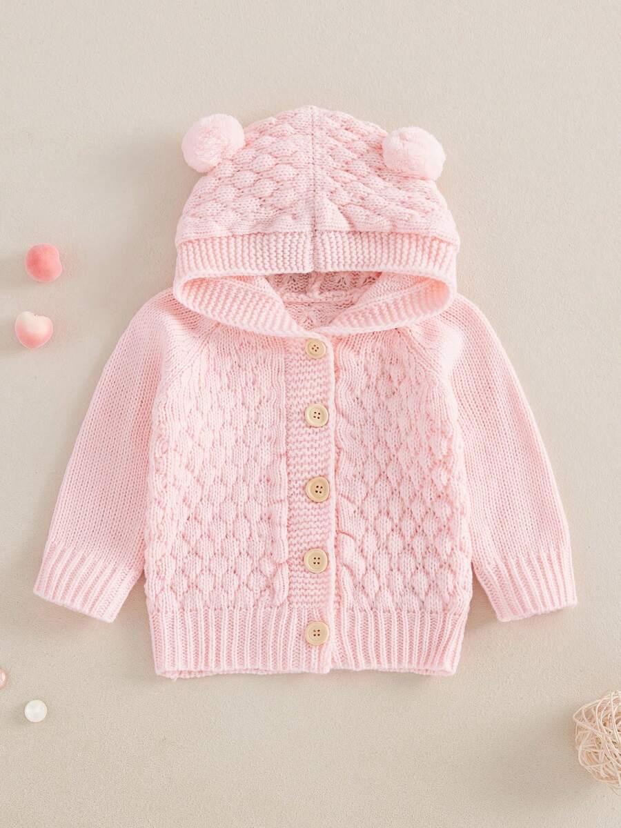 Newborn Baby Solid Color Coat, Boys Girls Long Sleeve Thermal Hooded Knitted Sweater - Pink - View 1