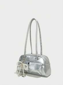 新款时尚经典纯色PU防水女士手提包，饰有串珠蝴蝶结和金属心形吊坠，拉链开口设计，大容量单肩包，贝壳包，适合购物、通勤和旅行